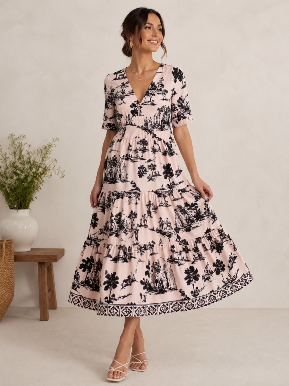 Wayward Fancies eShakti Toile Print Cottagecore Tiered Midi‎ Dress Small/Medium